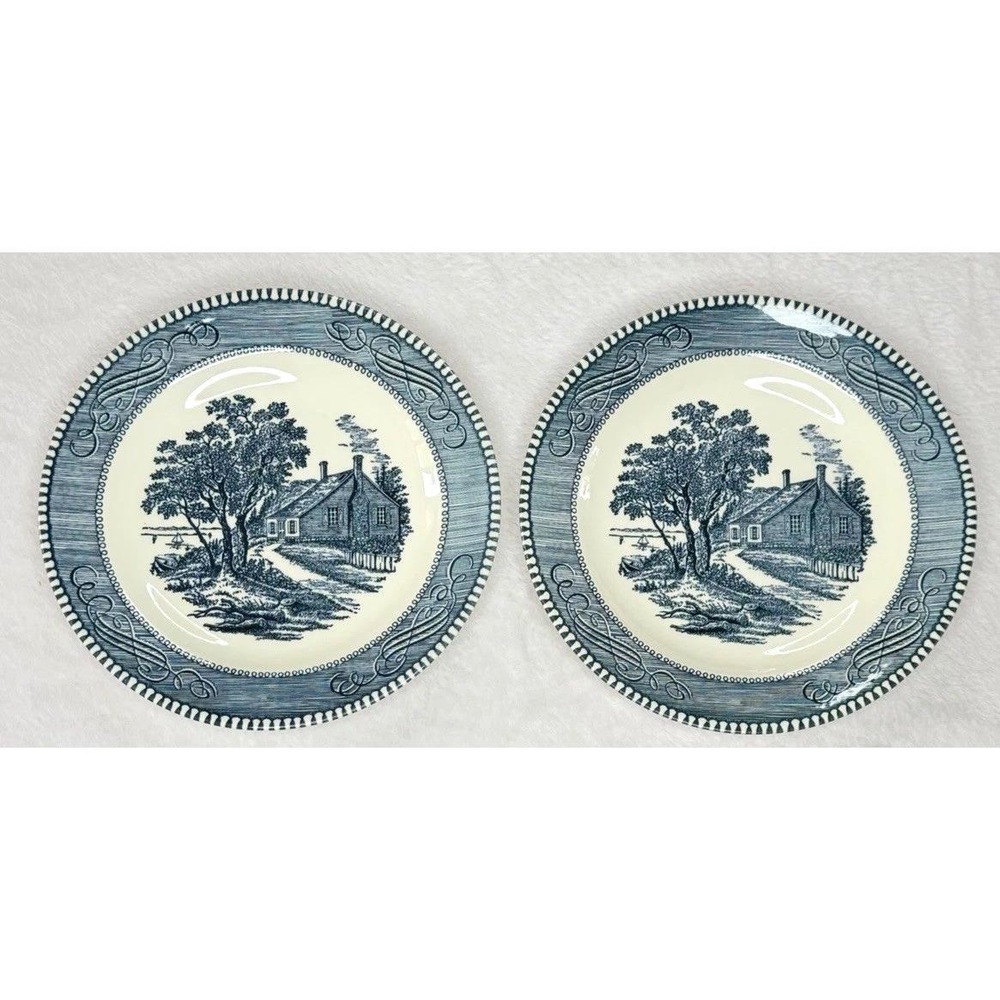 2 Currier and Ives Old Grist Mill Royal China Salad Plates Blue 7.25" EUC
